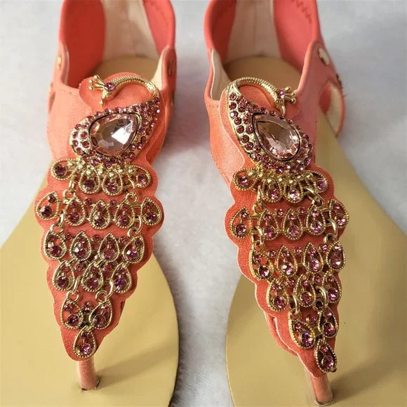 Coral Pink Summer Sandals Rhinestone Peacock Bird Thong Strap - Picture 3 of 9